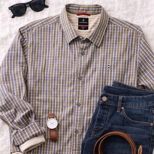 Victorinox Tailored Fit Plaid Button Down Shirt XL Grey/Yellow